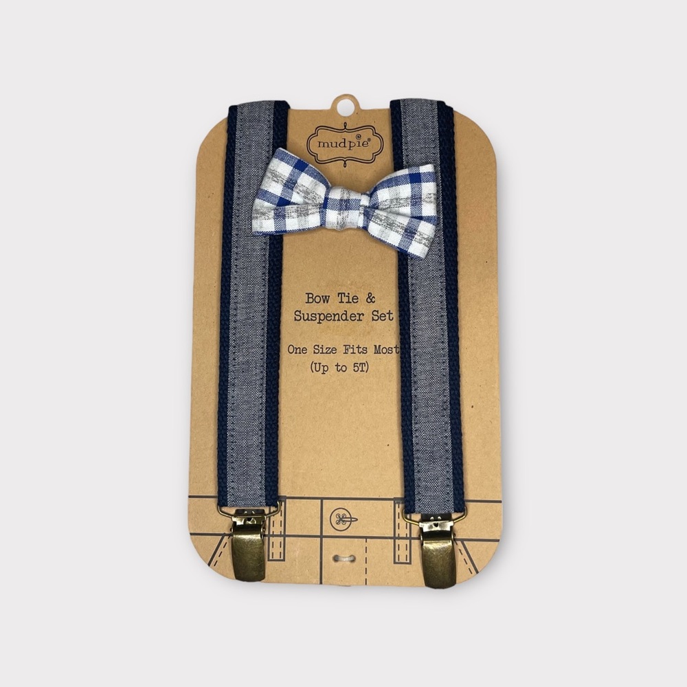 Mud Pie Plaid Bow Tie & Chambray Suspender Set